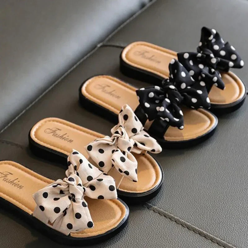 2023 New Bow Flats Open Toe Slide Sandals Non-slip Flip Flops Children Home Slippers Kids Girls Summer Cute Beach Slippers Shoe