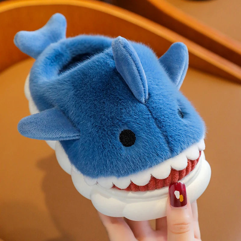 Winter Cute Cartoon Shark Cotton Slippers Children's Non-slip Soft Sole Slides For Kids Girls Baby Boys Warm Plush Home Shoes