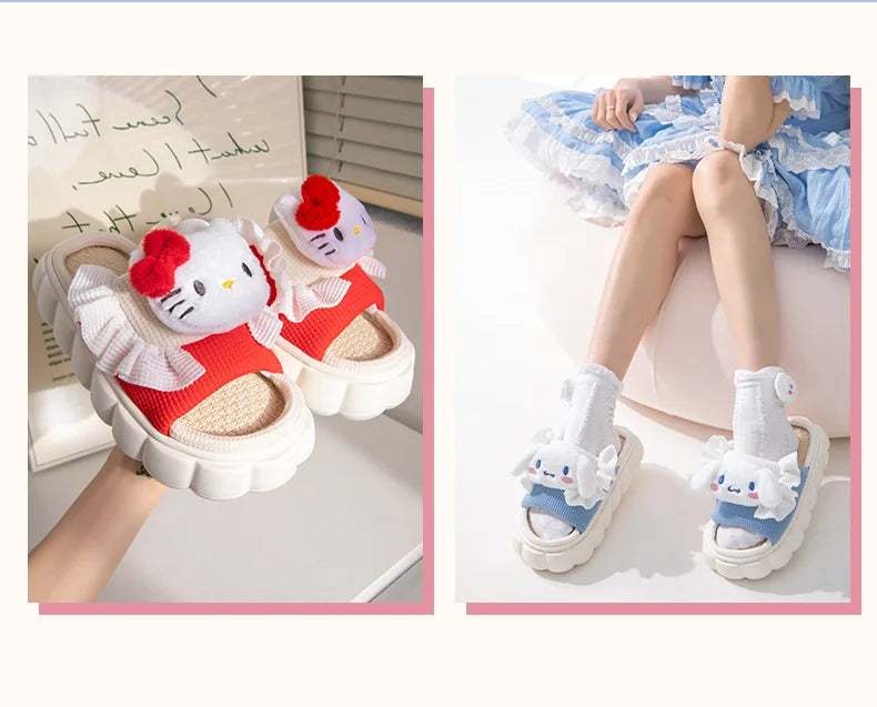 Sanrio Cute Slipper Antislip Flax Comfortable Pochacco Hello Kitty Kuromi Outdoor Indoor Slides Cartoon Sweet