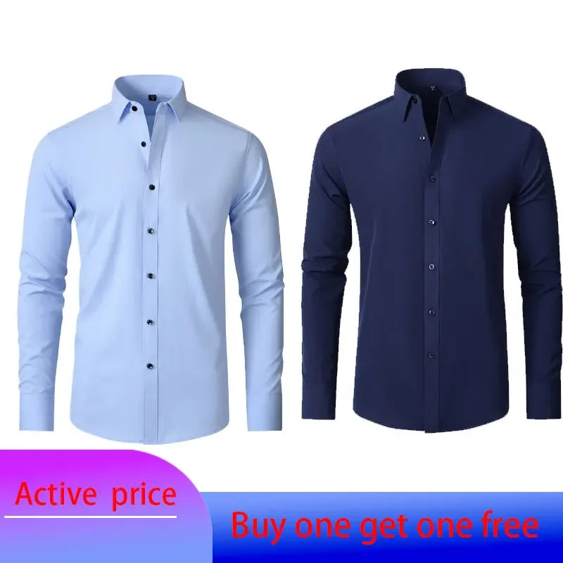 6xl New Spring and summer  elastic force non-iron men's long-sleeved business casual shirt solid color mercerized vertical shirt