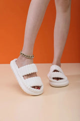 Women Spring Autumn Home Cotton Slippers Ladies Open Indoor Drop Toe Slides New Imitation Rabbit Hair Inside Flat Slippers