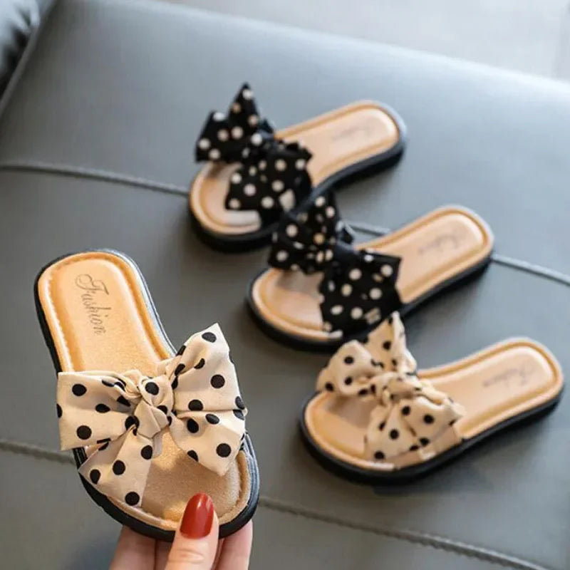 2023 New Bow Flats Open Toe Slide Sandals Non-slip Flip Flops Children Home Slippers Kids Girls Summer Cute Beach Slippers Shoe