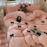 Princess Bowknot Bedding Set Pink Duvet Cover Bed Flat Sheet Girls Solid Color Bed Linens Washed Cotton Bedclothes Single Double