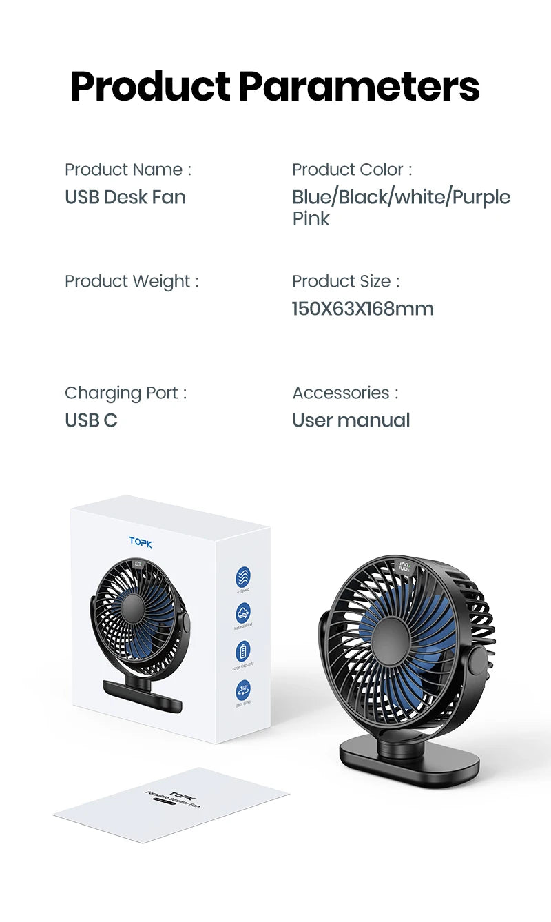 TOPK K60C 5000mAh Portable Mini Fan,Standing Fans for Room,LED Display 360°Rotation Quiet Personal Desk Electric Fan for Campin