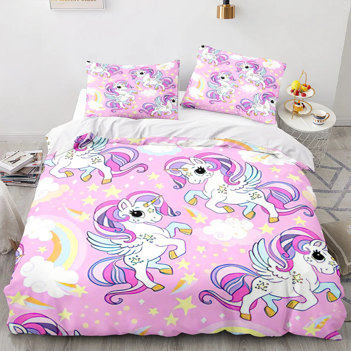 Unicorn Duvet Cover Set Cartoon Galaxy Rainbow Colourful Unicorn Cute Romantic Theme for Kids Girls Polyester Comforter Cover