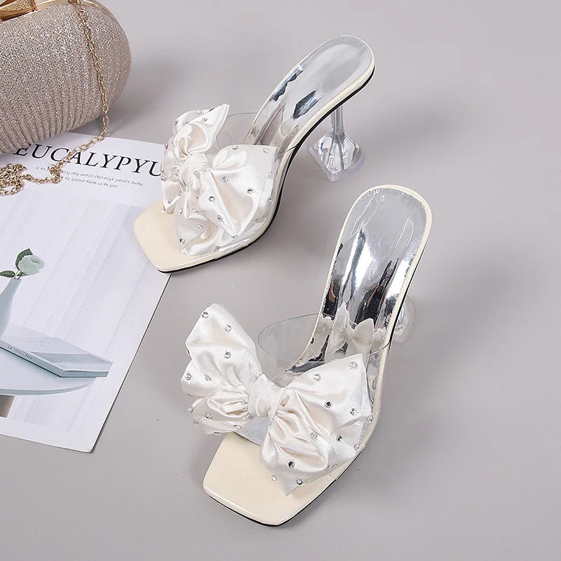 2023 Fashion Crystal Bow High Heels Slippers Shoes for Woman Sexy PVC Transparent Sandals Women Slides Open Toe Pumps Blue Black