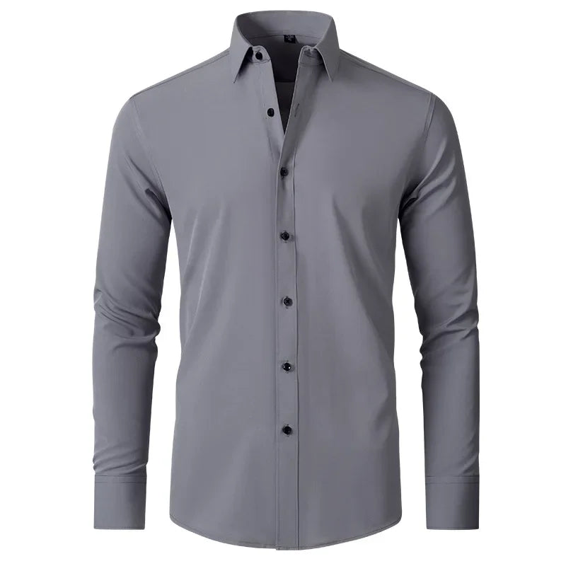 6xl New Spring and summer  elastic force non-iron men's long-sleeved business casual shirt solid color mercerized vertical shirt