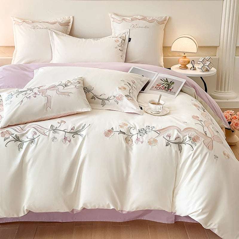 100% Cotton Bed Linen 4 Pcs Embroidered Comforter Bedding Set Couple Duvet Quilt Cover Double Sheets Set and Pillow Case Luxury