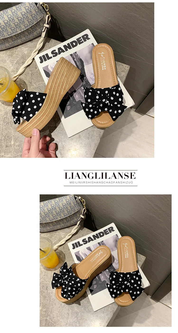 Aphixta 7cm Platform Wedge Slippers Women Shoes Butterfly-knot Clog Riband Polka Dot Snowflake Fabric Bow Flip Flop Light Slide