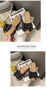 Aphixta 7cm Platform Wedge Slippers Women Shoes Butterfly-knot Clog Riband Polka Dot Snowflake Fabric Bow Flip Flop Light Slide