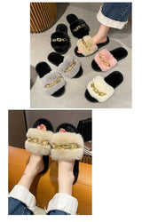 Fluffy Slippers Home Winter Casual Chain Designer Shoes Women 2024 Indoor Platform Plush Slides Girls Fashion Elegant Large Size