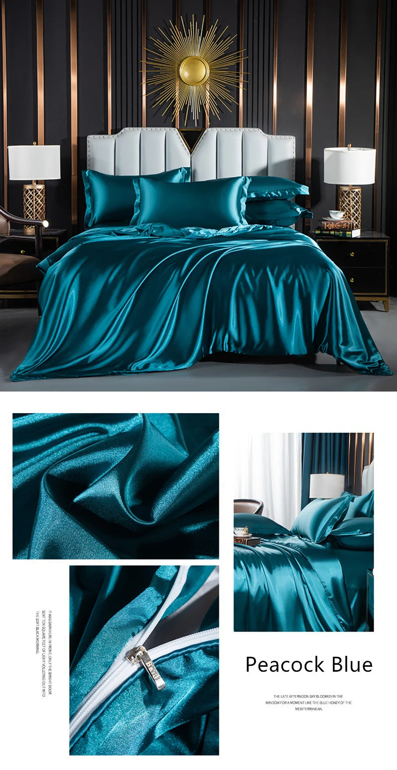 Solid Silk Bedding Set with Duvet Cover Fitted/Flat Bed Sheet Pillowcase Luxury Couple Bedsheet King Queen Double Twin Size