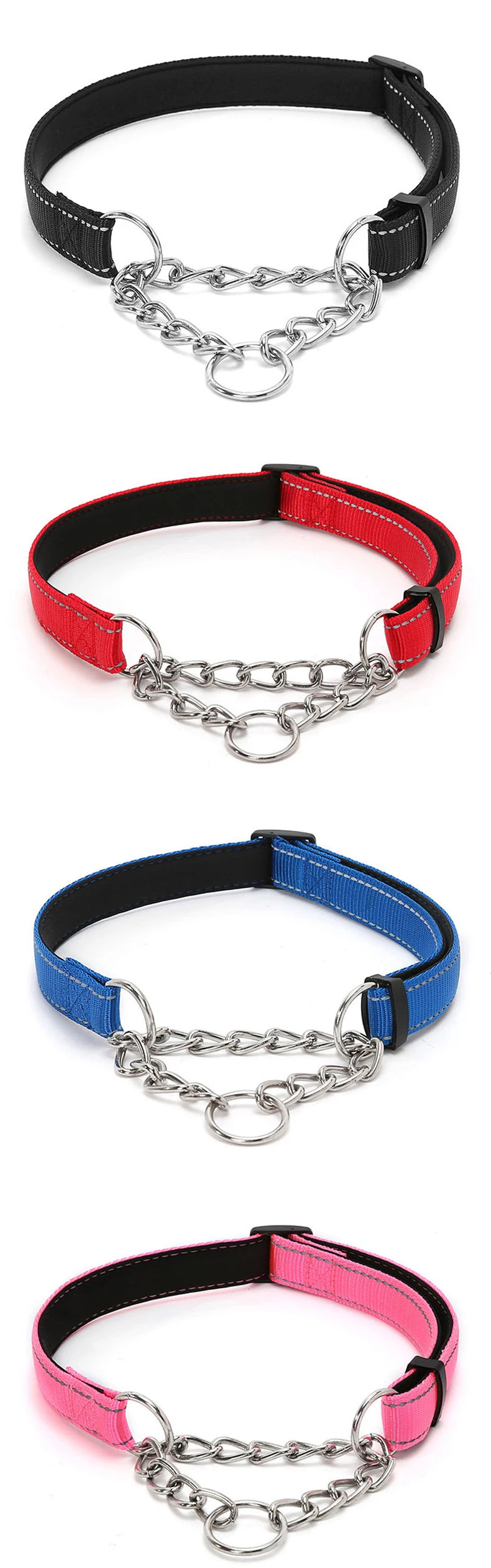 Stainless Steel Chain Martingale Collar - Stainless Steel Chain Reflective Nylon Fabric Pet Collars for Small Medium Large Dogs