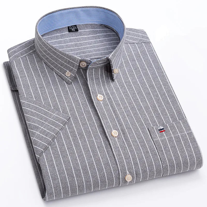 100% Cotton Men Oxford Shirt Short Sleeve Summer Plaid Striped Male Clothes Business Regular Fit Dress Shirt Oversized 7XL 6XL