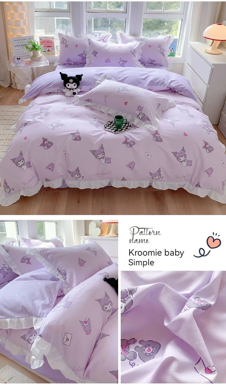 Sanrio Kids Bedding Set Kuromi Cinnamoroll Mymelody Duvet Cover Bed Sheet Pillowcase Bedsheet Double Single King Queen Twin Size