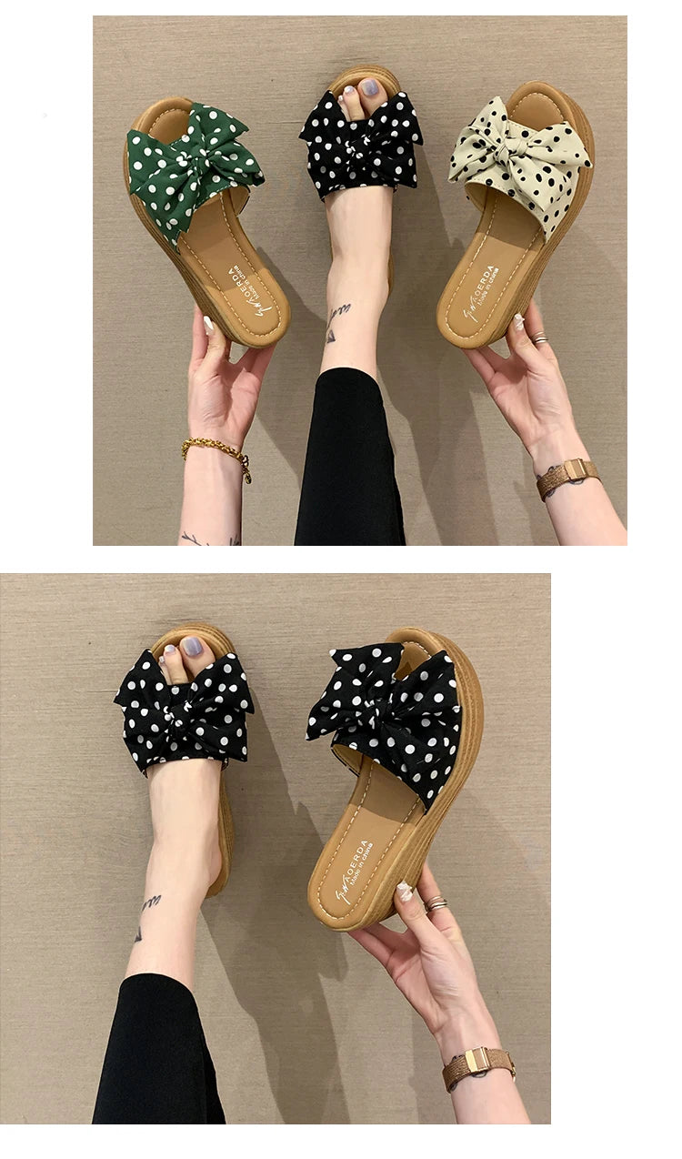 Aphixta 7cm Platform Wedge Slippers Women Shoes Butterfly-knot Clog Riband Polka Dot Snowflake Fabric Bow Flip Flop Light Slide