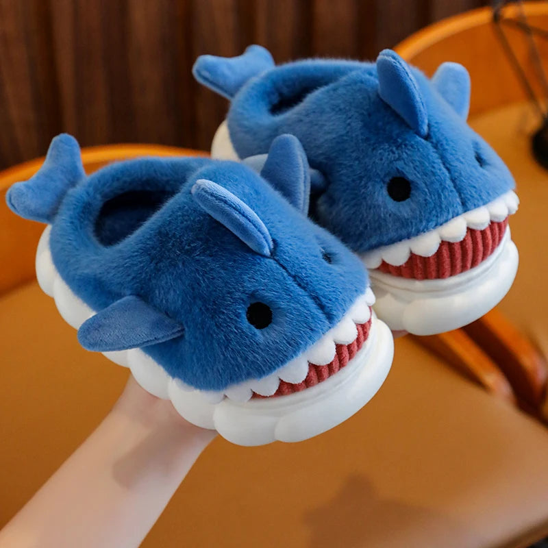 Winter Cute Cartoon Shark Cotton Slippers Children's Non-slip Soft Sole Slides For Kids Girls Baby Boys Warm Plush Home Shoes