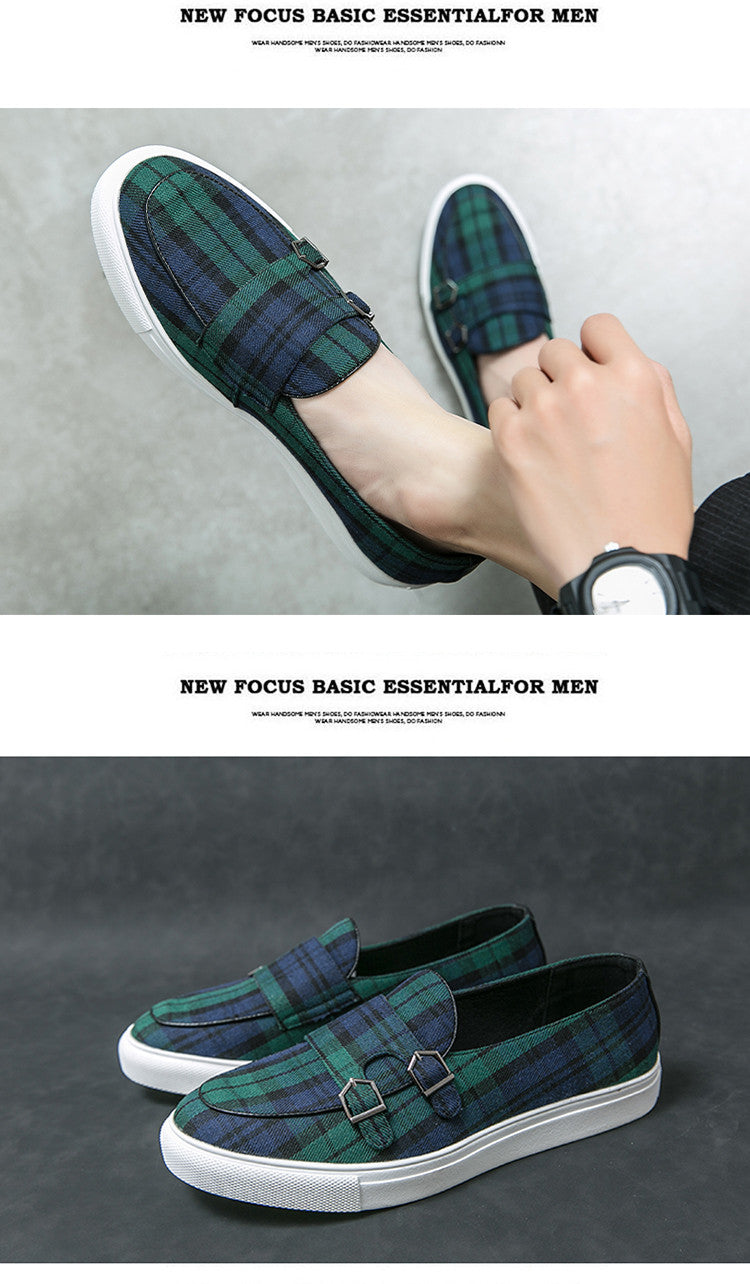 Loafers Men Shoes Canvas Plaid Classic Fashion Moccasin Man Party Outdoor Daily PU Double Buckle All-match Casual Shoes