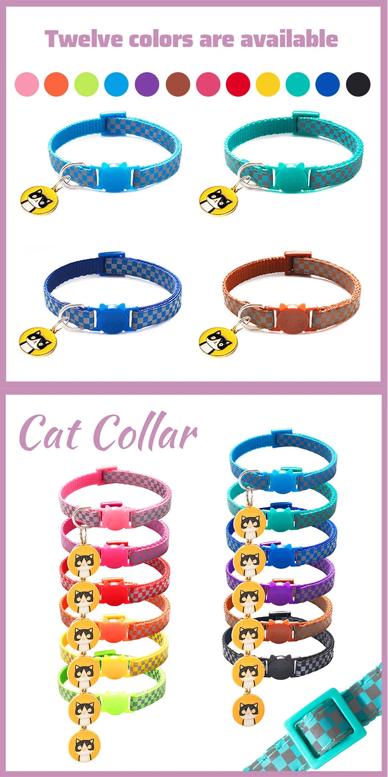 Cat Bells Collars 12 Color Adjustable Nylon Buckles Reflective Nylon Dog Collar Neck Strap Luminous Collars Pet Accessories