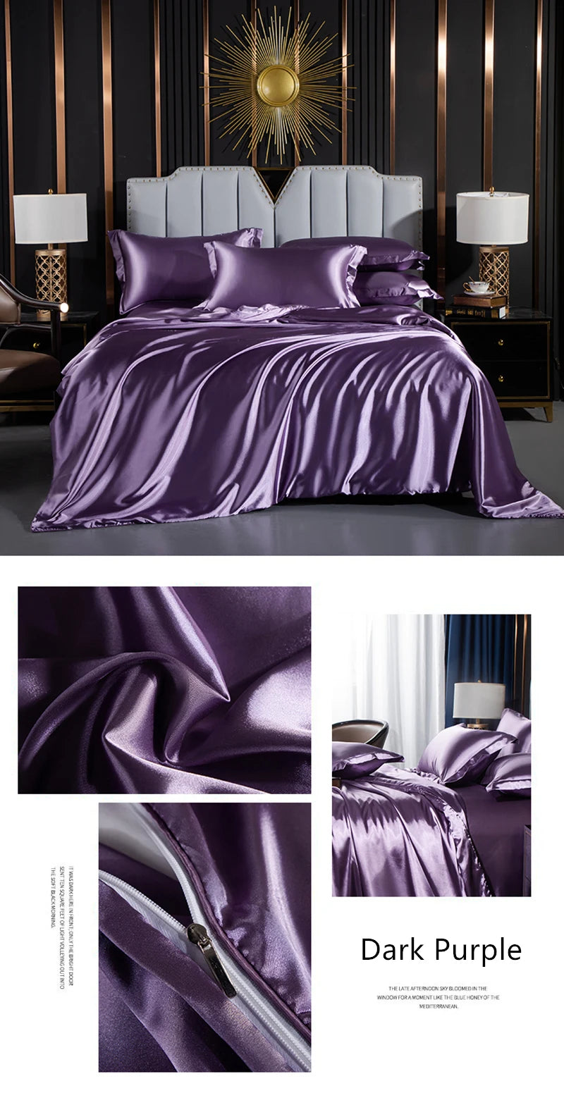 Solid Silk Bedding Set with Duvet Cover Fitted/Flat Bed Sheet Pillowcase Luxury Couple Bedsheet King Queen Double Twin Size