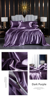 Solid Silk Bedding Set with Duvet Cover Fitted/Flat Bed Sheet Pillowcase Luxury Couple Bedsheet King Queen Double Twin Size