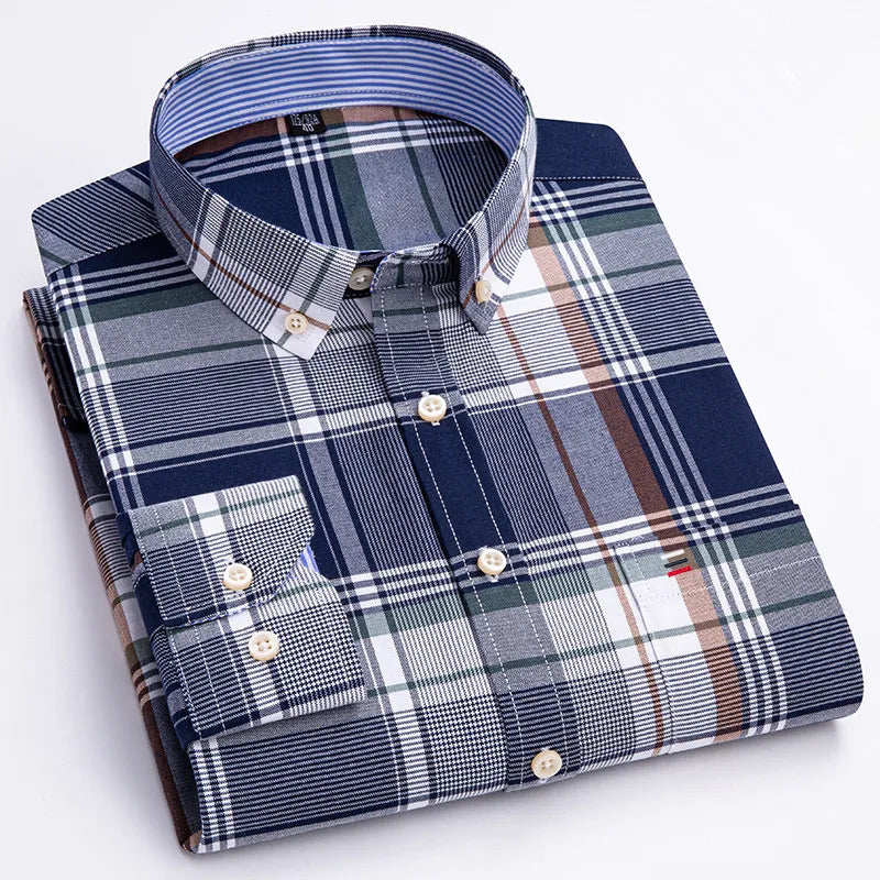 100% Cotton Mens Oxford Shirts New Hot Sale Long Sleeve Casual Stripe Soft Buttoned Plaid Formal Male Clothes Plus Size 7XL 6XL