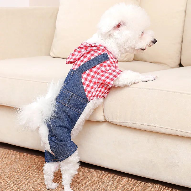 Pet Clothes Dog Cat Striped Plaid Jean Jumpsuit Hoodies Pet Costume for Small Medium Dog Chihuahua French Bulldog Puppy Clothing