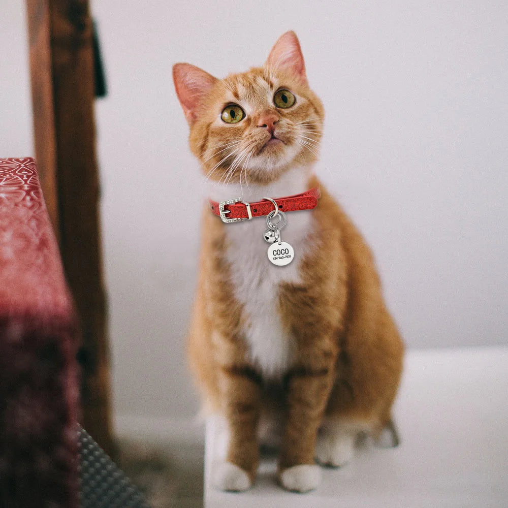 Bling Leather Cat Collar With Bell Personalized ID Name Collar for Cats Puppy Small Dog Kitten Accessories Chuahua Necklace XS S