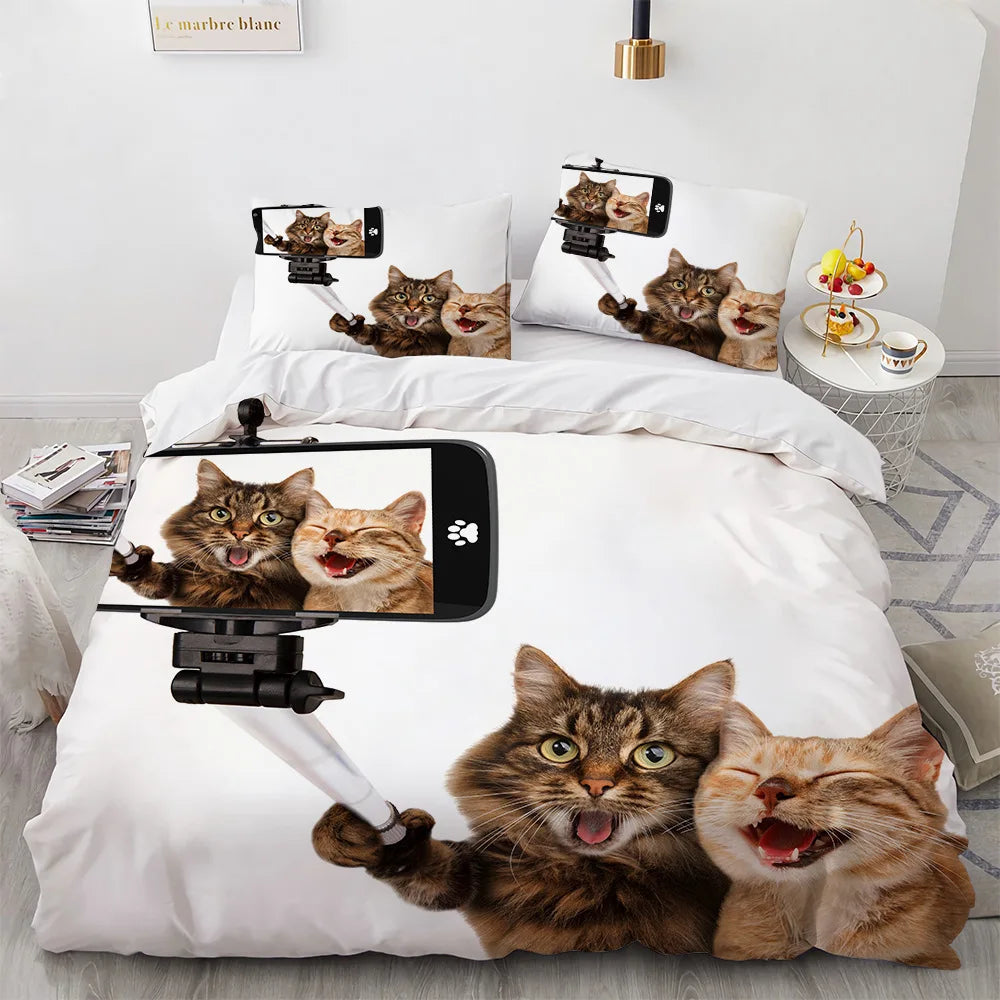 3D Cat Bedding Set Luxury Animal Duvet Cover with Pillowcase Queen King Single Double Size for Girls Boy Polyester Quilt Cover