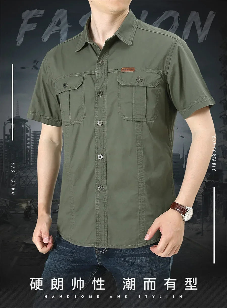 Summer Quick Dry Short Sleeve Mens Army Fan Tactical Shirts Male Solid Thin Lapel Cargo Shirt Tops Outdoor Hiking Military Shirt