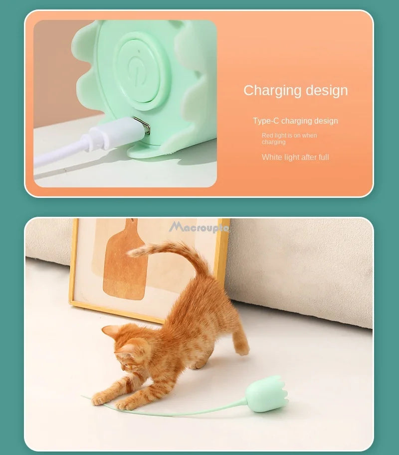 Interactive Cat Toys USB Electric Intelligent Rolling Ball Toy Cats Pet Silicone Automatic Rotate Mouse Tail Kitten Teaser Stick