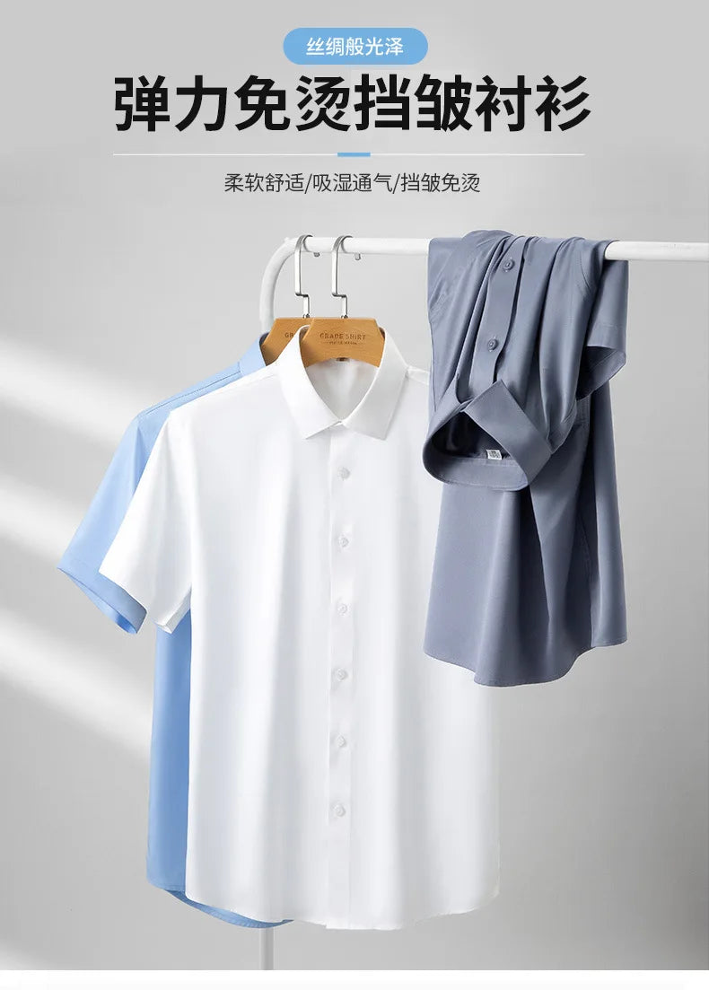 5XL Silk Smooth Formal Dress Quality Social Summer Short Sleeve Men's Shirt Business Slim Fit Casual Pure White Non iron