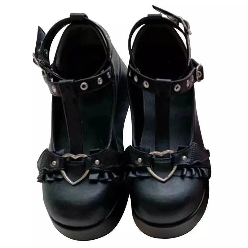 new Sweet Heart Buckle Wedges Mary Janes Women Pink T-Strap Chunky Platform Lolita Shoes Woman Punk Gothic Cosplay Shoes 43