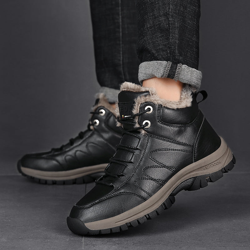 Winter Plush Warm Men Boots Leather Mens Snow Boots Couple Waterproof Non-slip Ankle Boots Lace-Up Outdoor Hiking Shoes 39-46