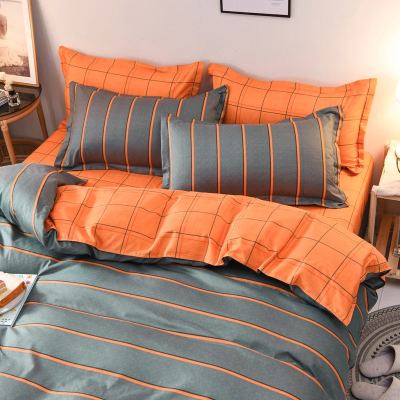 Striped Grey Duvet Cover Twin Queen Size Reversible Neutral Orange Plaid Quilt Cover Geometric Bedding Set Microfiber 3 Pcs Set