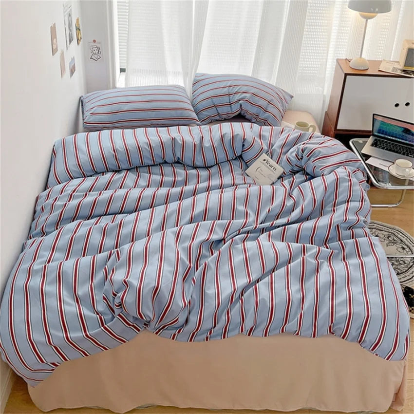 Pure Cotton Home Textile Blue Striped Bedding Set Simple Soft Duvet Cover Sheet Pillowcase Ins Style Bed Linens Queen King Size