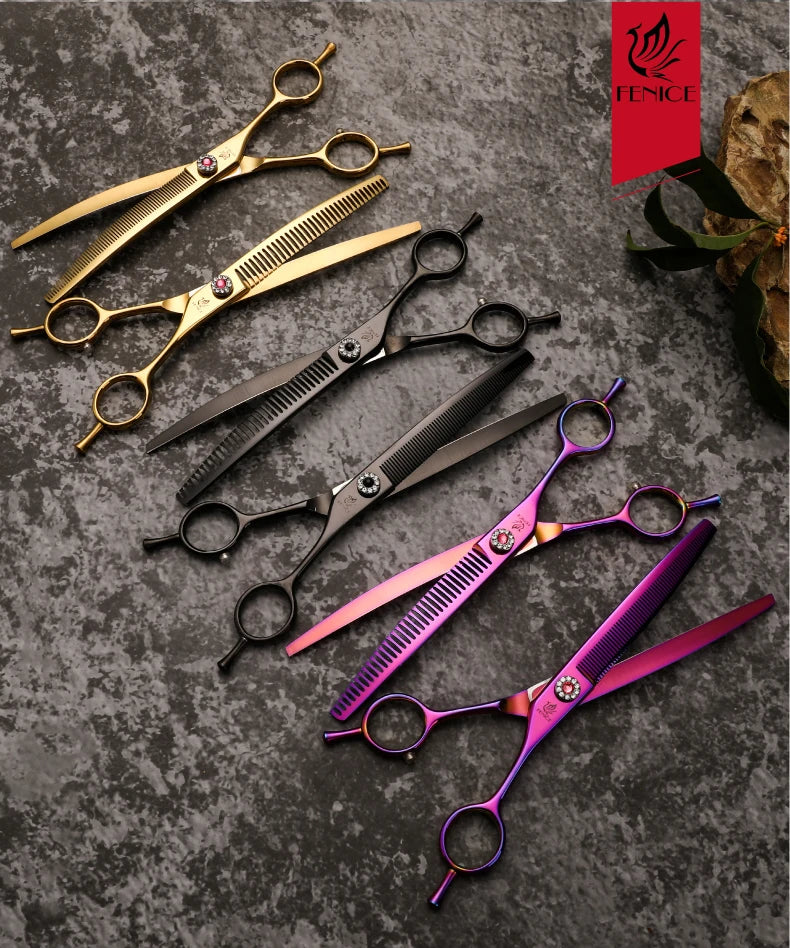 Fenice High-grade 6.5/7.25 inch Straight/Curved JP440C Thinning Rate 25%-70% Shears Chunker Scissors Pets Dog Grooming Scissors