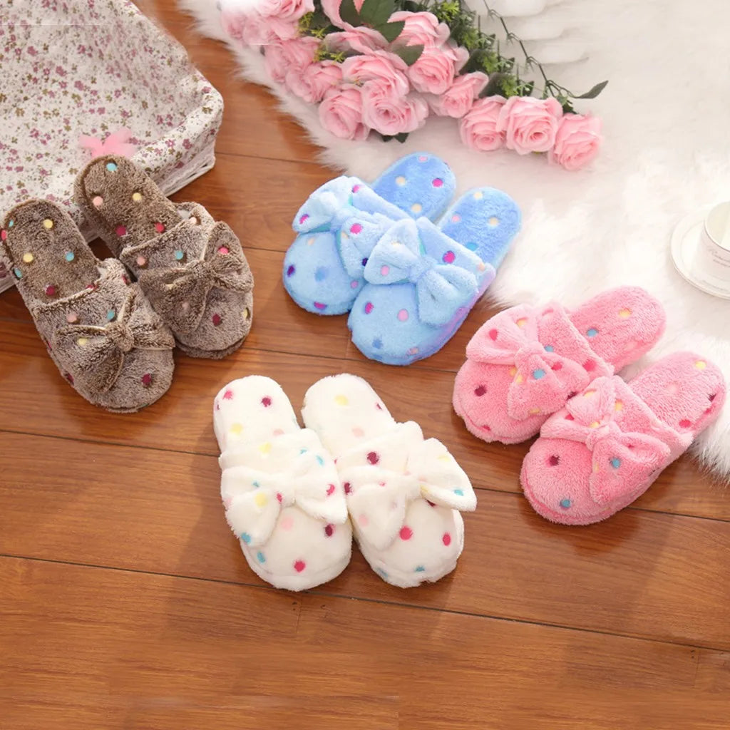 Women's Warm Home Slippers Cute Autumn Winter Bow Warmth Thick Plush Non-Slip Leisure Shoes Soft Bedroom Floor Flat Slides