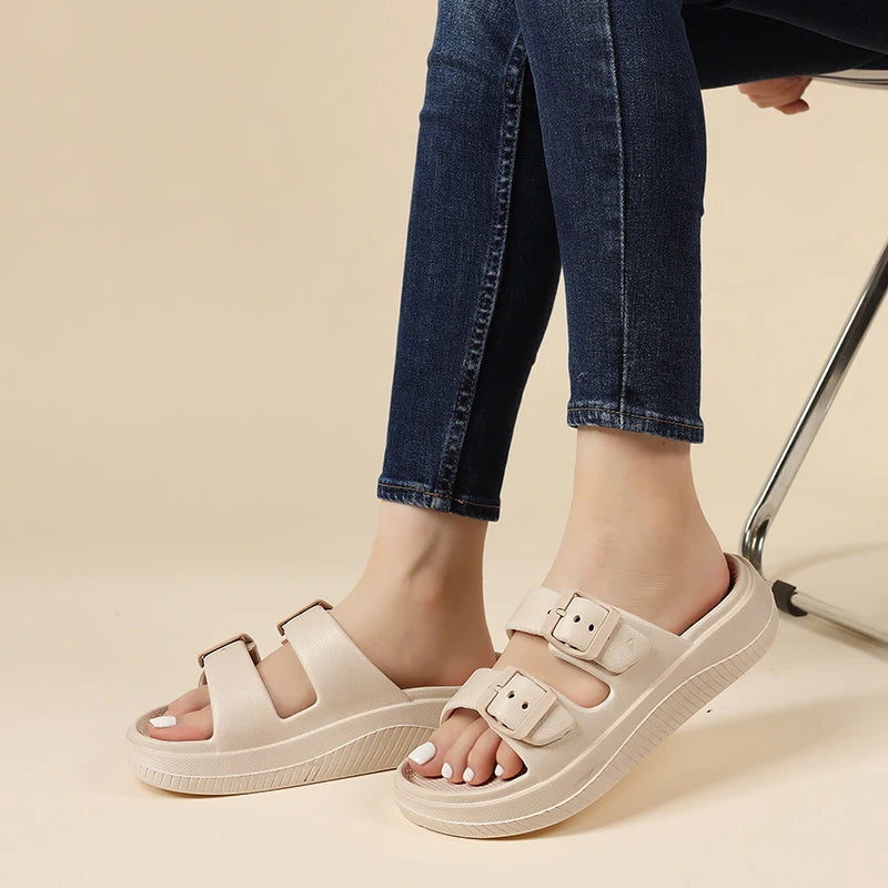 Soft Sole Eva Cloud Slippers Women 2024 Summer Double Buckle Pillow Sandals Woman Slides Flat Heels Non Slip Home Flip Flops