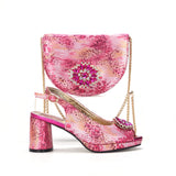 2024 Hot Selling INS Peep Toe Luxury Style  Sandal with Bag Set in Fuchsia Color For Wedding Party Women