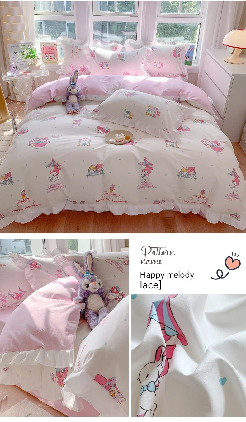 Sanrio Kids Bedding Set Kuromi Cinnamoroll Mymelody Duvet Cover Bed Sheet Pillowcase Bedsheet Double Single King Queen Twin Size