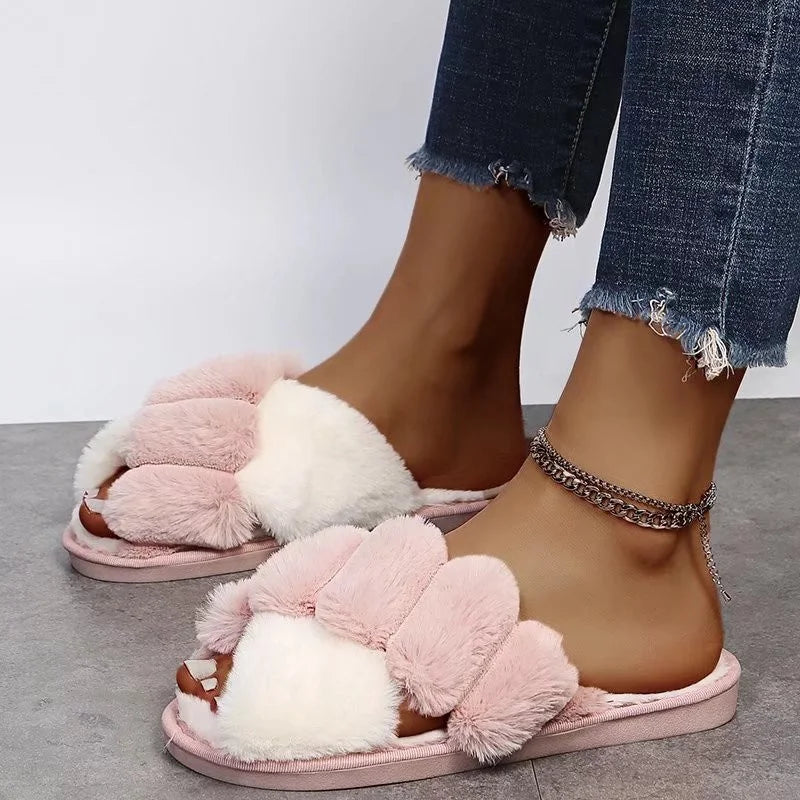 Women Winter House Furry Slippers Fluffy Faux Fur Home Slides Flat Fashion Indoor Floor Shoes Ladies Flip Flops Chaussure Femme