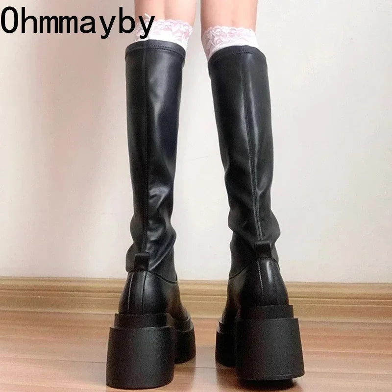 Platform Heel Knee High Boots Women Fashion Ladies Slip On Knight Long Boots Autumn Winter Women's Footwear