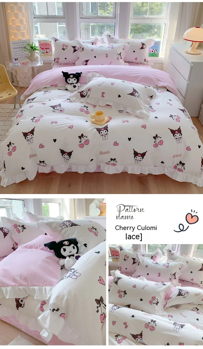 Sanrio Kids Bedding Set Kuromi Cinnamoroll Mymelody Duvet Cover Bed Sheet Pillowcase Bedsheet Double Single King Queen Twin Size