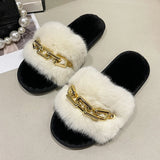 Fluffy Slippers Home Winter Casual Chain Designer Shoes Women 2024 Indoor Platform Plush Slides Girls Fashion Elegant Large Size