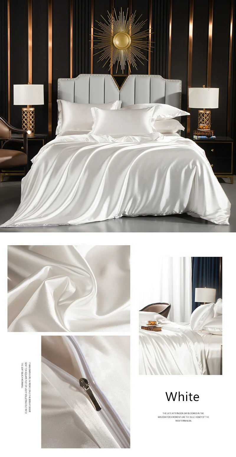 Solid Silk Bedding Set with Duvet Cover Fitted/Flat Bed Sheet Pillowcase Luxury Couple Bedsheet King Queen Double Twin Size