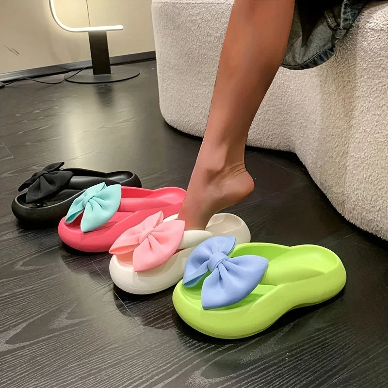 Women's Bow Pillow Flip Flops, Kawaii Open Toe Super Soft Non Slip Slides Shoes, Indoor & Outdoor Slippers Bow knot