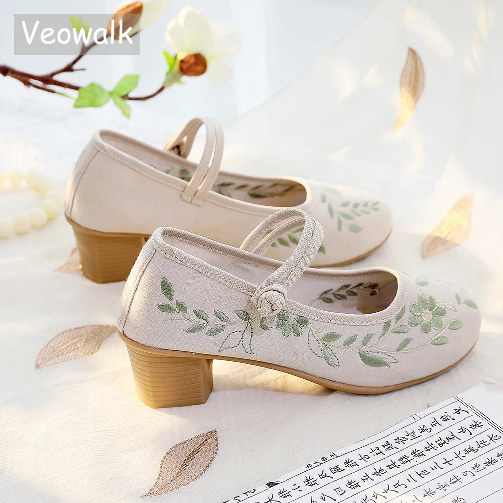 Veowalk  4cm Block Heels Women Cotton Embroidered Mary Jane Shoes Elegant Soft Comfortable Retro Costume Pumps White Beige