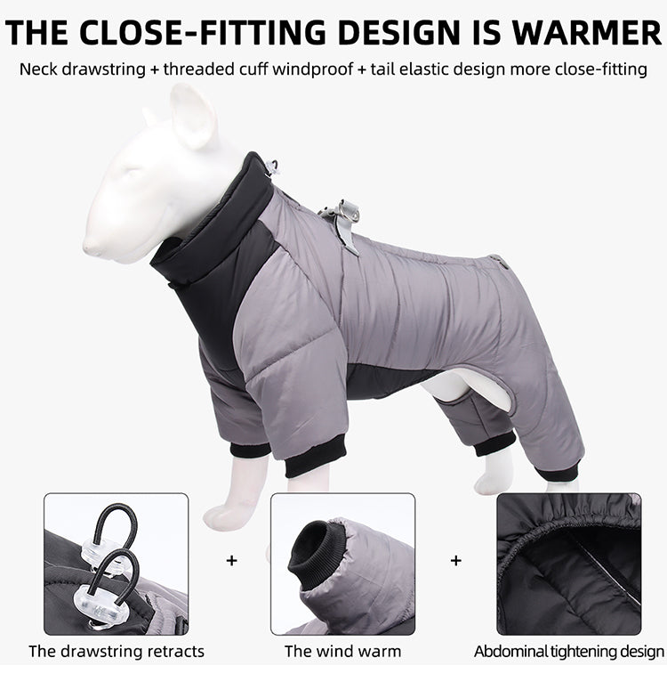 Winter Warm Dog Jacket Reflective Four Legged Clothes Outdoor Waterproof Windproof Traction Harness Jumpsuit French Bulldog Coat