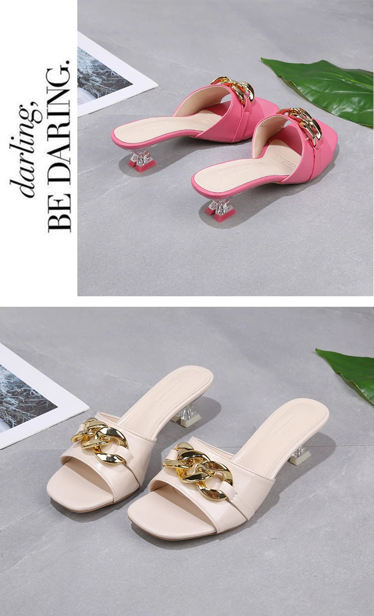 Women Slippers Women's Mules Slides Shoes Female Clear Heels Sandals with Chain Thin Heels Open Toe Outdoor Party Footwear